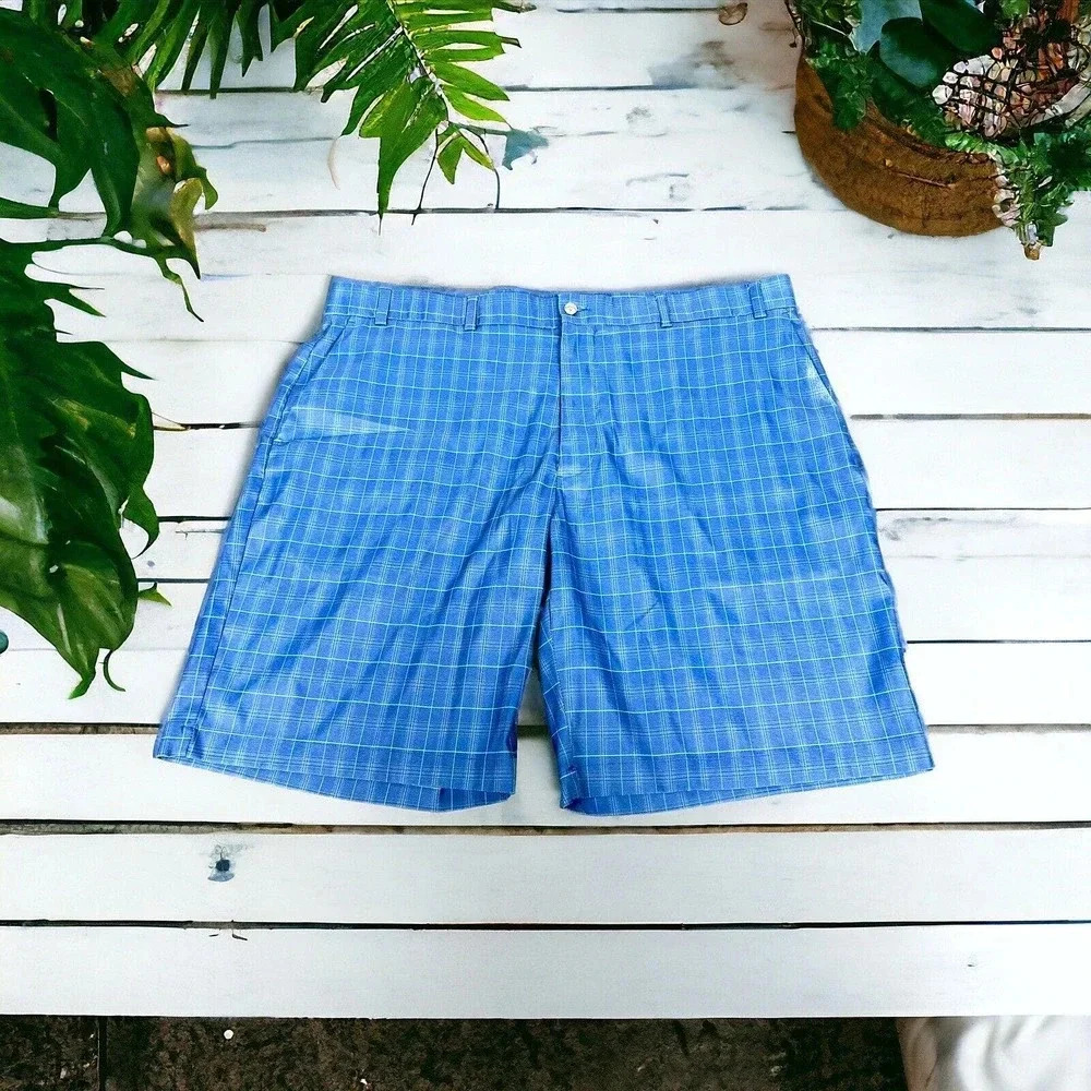 Callaway Golf Shorts Flat Front Comfort Waist Stretch Blue Plaid Men's 42